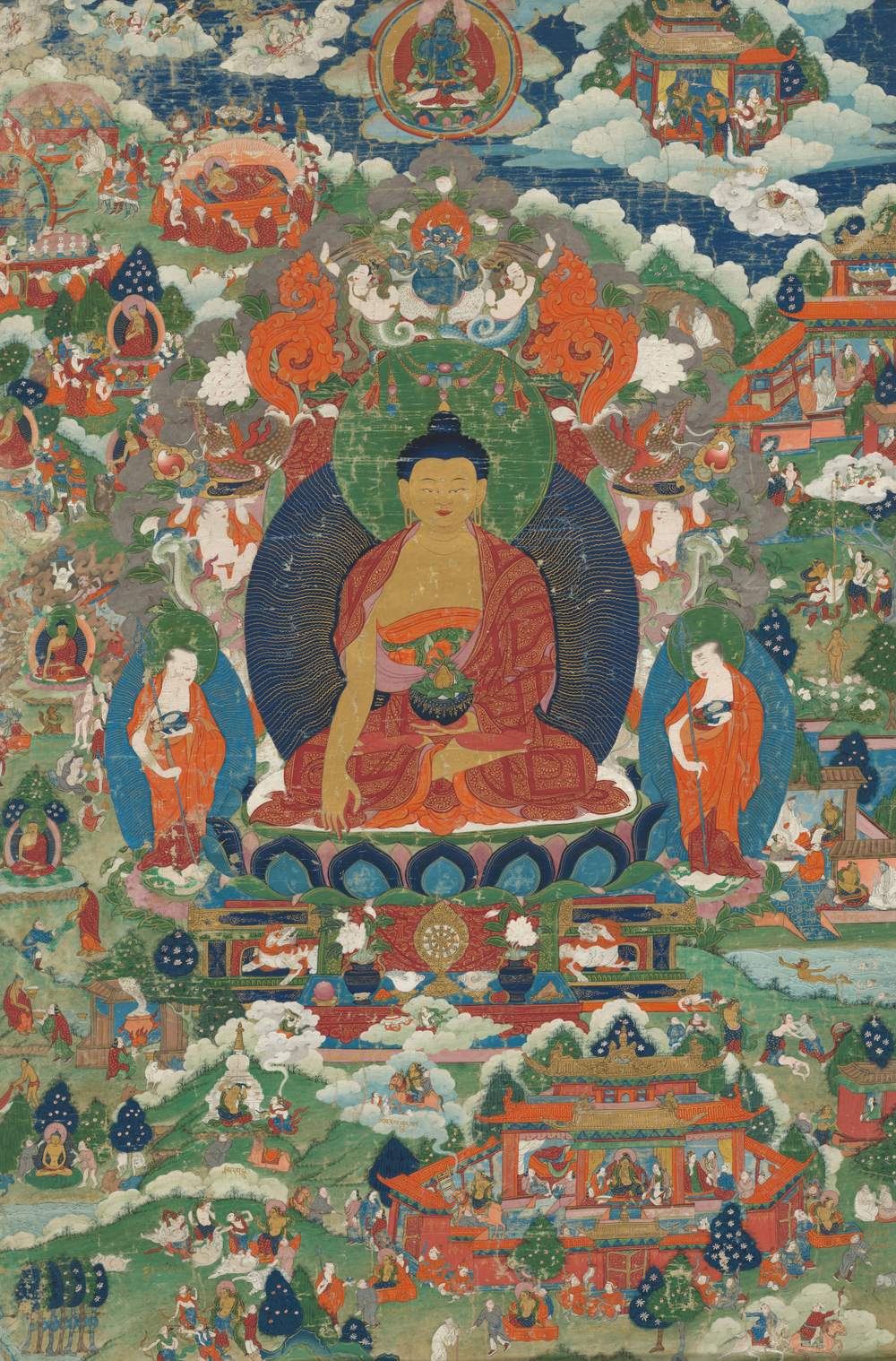 Pintura tibetana del Buda sentado sobre un loto, rodeado de discípulos y escenas de la tradición budista