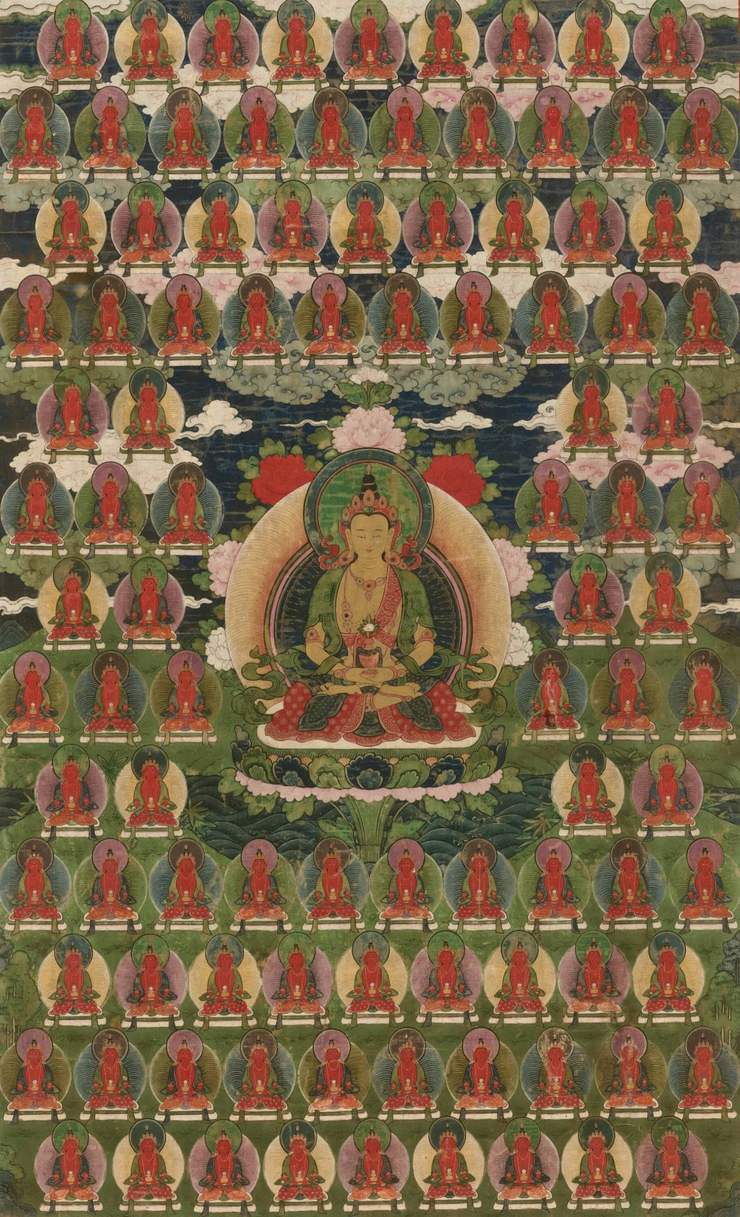 Pintura tibetana de Amitayus, rodeado de hileras de budas